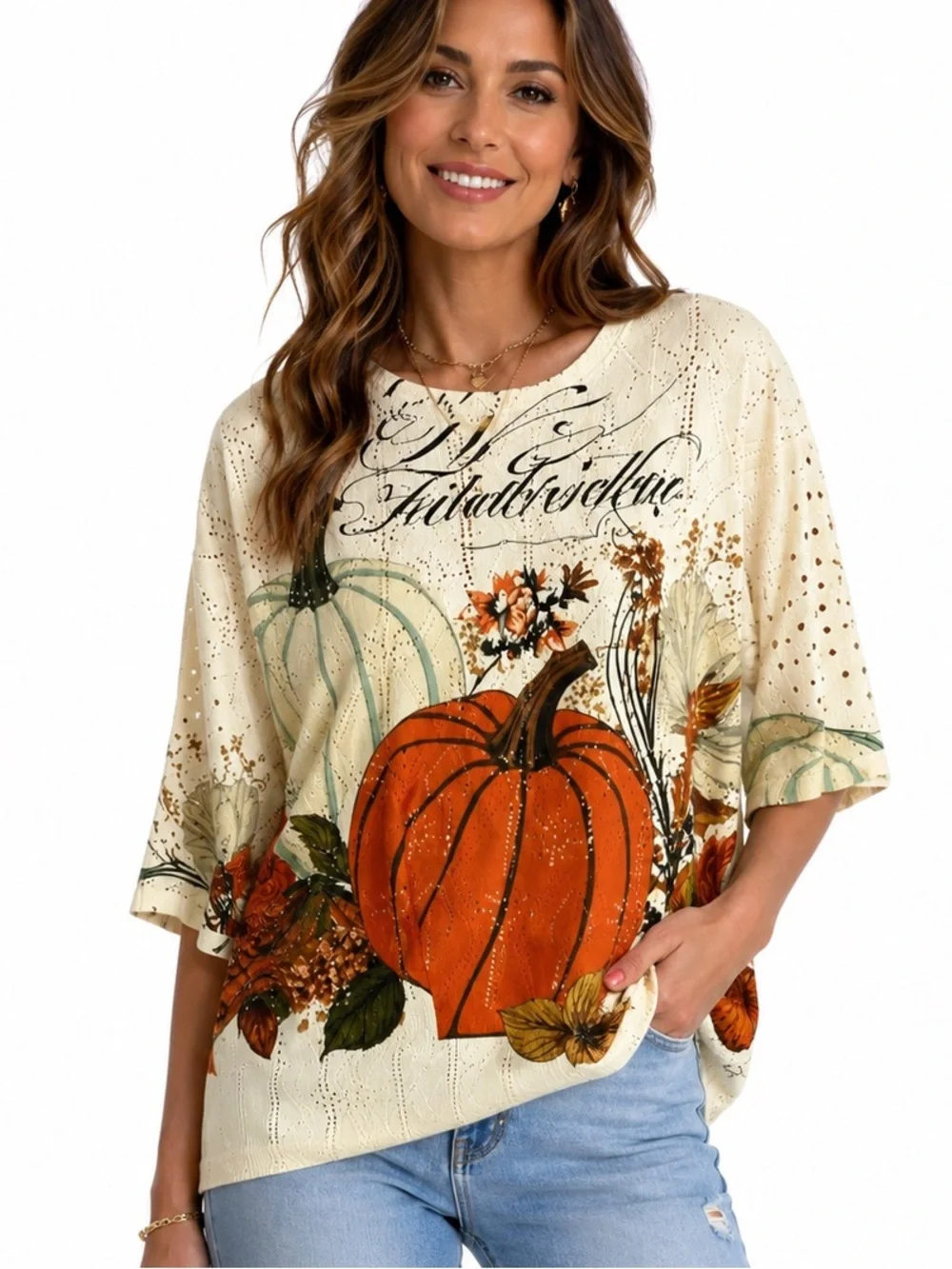 004.New  Crochet Cream Pumpkin Print Womens Top - Casual Fall Blouse
